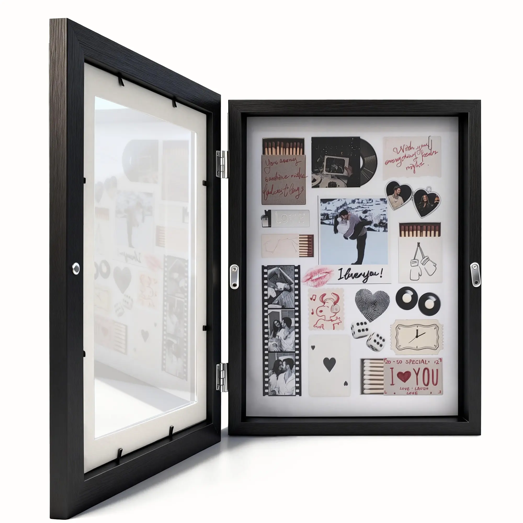 Sturdy Wood Magnetic Frame with Glass - Front-Opening A4/8.5"x11"/10"x12" Design, Built-in Elastic Straps, Holds 50 Pieces, 3D Compatible, Wall-Hanging Romantic Keepsake for Couple Memory Storage & Home Decor Portfolios, Easy Photo Swap