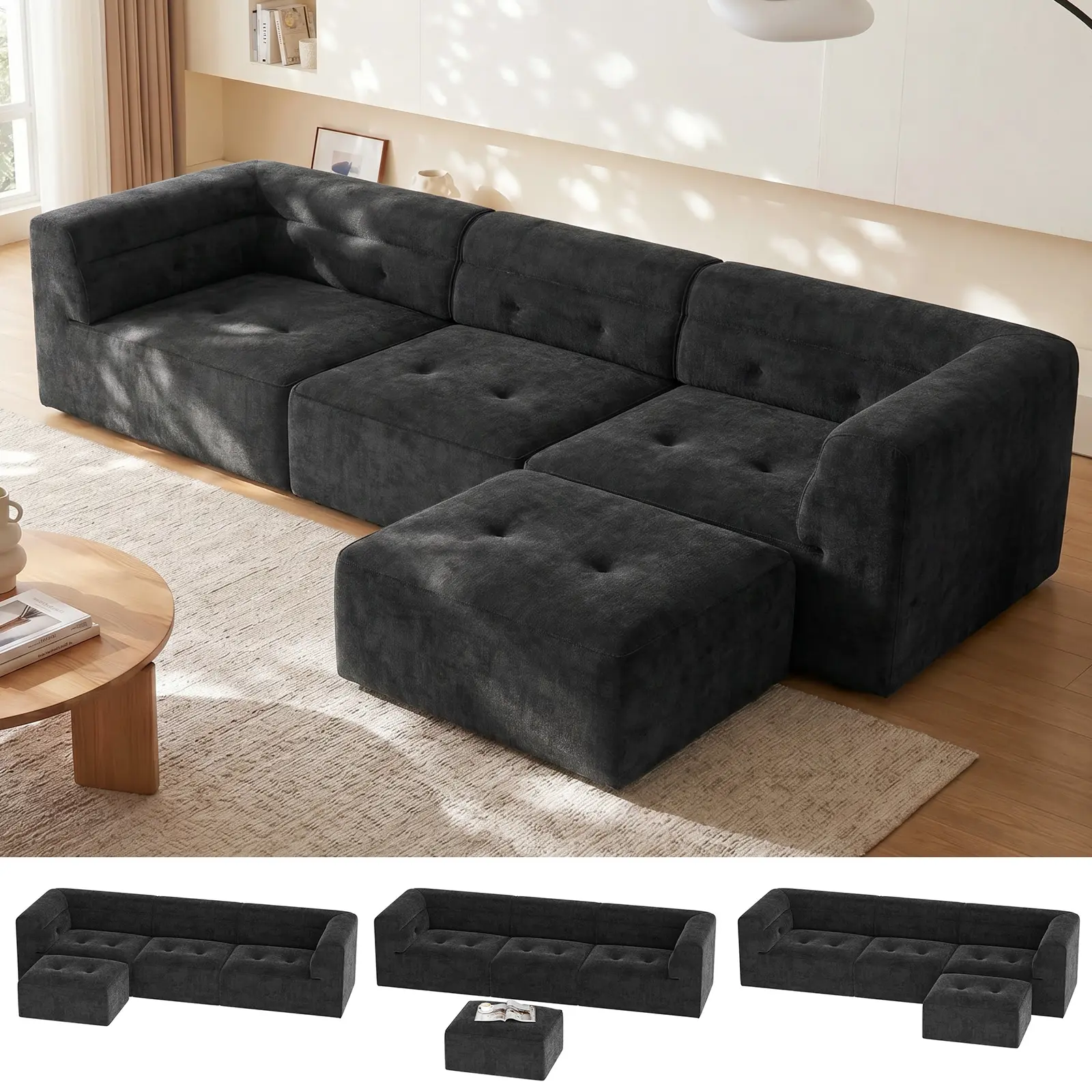 Cyclysio 111.8" Modern Modular Sectional Floor Sofa with Fixed Arms, No-Assembly Frameless Couch with Ottoman, Snowflake Fleece Foam Boneless Seating