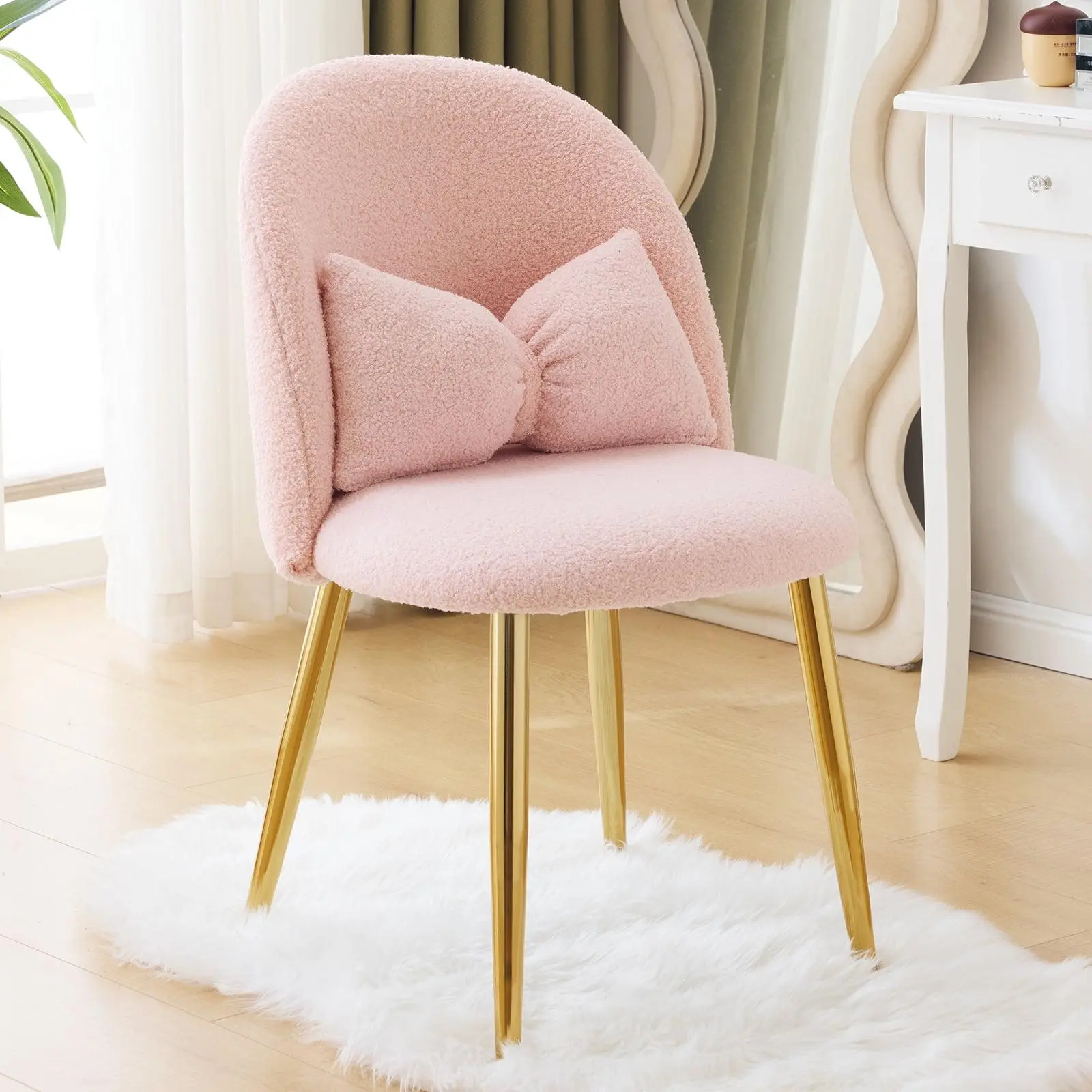 Vanity Makeup Chair Comfy Accent Chair Small Office Chair for Living Dining Room Bedroom Home Office Teddy fleece Pink