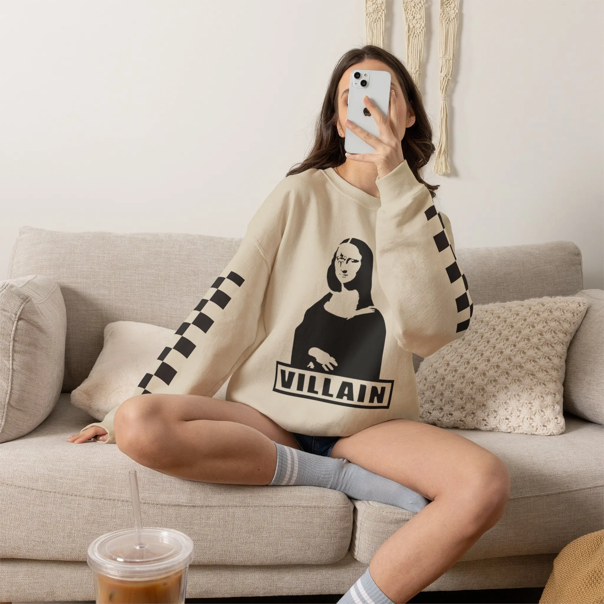 Villain 80's Style Plaid Checkered Checkerboard Crewneck Sweatshirt, Vintage 90's Style Nostalgia Sleeve Print Sweater Shirt