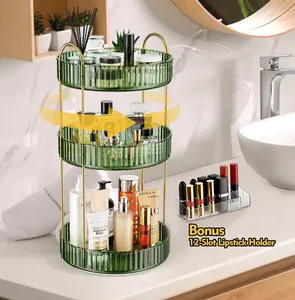 360° Rotating Round Metal Makeup Tool Organizer, Collapsible Stackable Vanity Shelf with Bonus 12-Slot Lipstick Holder, Collapsible Storage Bin for Makeup, Perfume, Skincare, Storage Organization for Bathroom, Birthday Gift for Girlfriend
