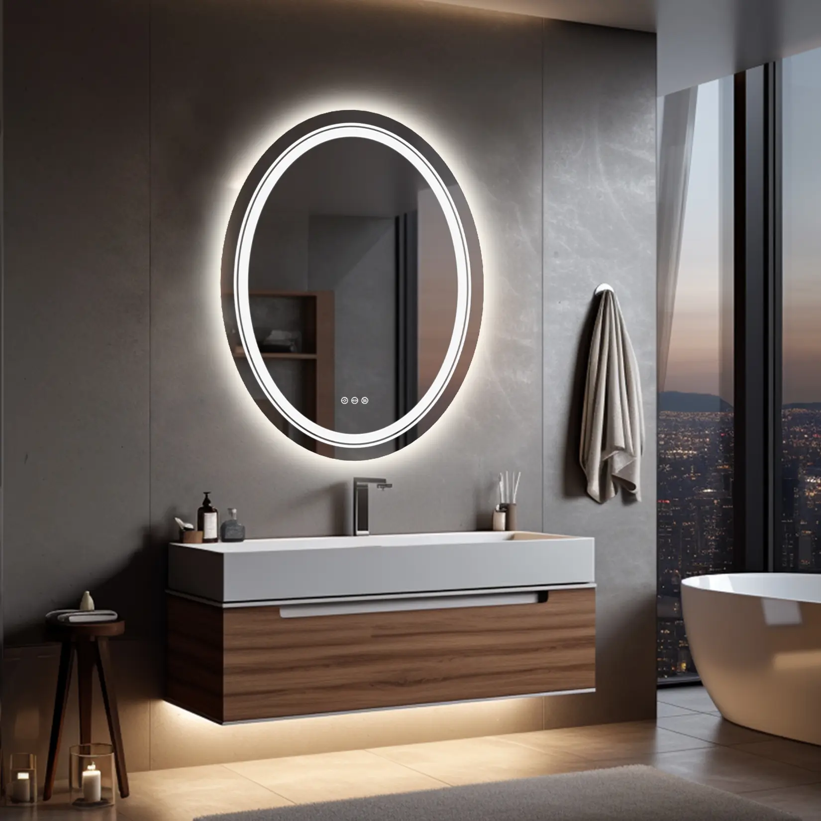 Oval LED Illuminated Bathroom Mirror with LED Lights - Wall Mounted, Anti-Fog, Dimmable, Aluminum Alloy, IP44 Waterproof, for Indoor Use