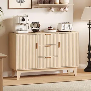 Garvee 47.2" Fluted Buffet Cabinet with Mid-Century Design Featuring 2 Waveform Doors, Gold Handles, 3 Drawers, Adjustable Shelves, Ideal as Coffee Bar or TV Stand for Living Room and Kitchen in Oak Finish