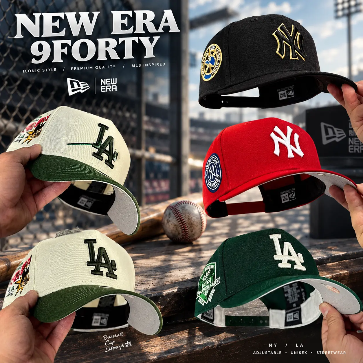 New Era NY Yankees LA Dodgers MLB 9FORTY Adjustable Cap, Classic Baseball Hat for Men Women, Embroidered Logo Detail, Curved Visor, Unisex Casual Headwear, Vintage Streetwear Fashion, Hip Hop Urban Style, Baseball Fan Gift, Everyday Outfit USA 2026