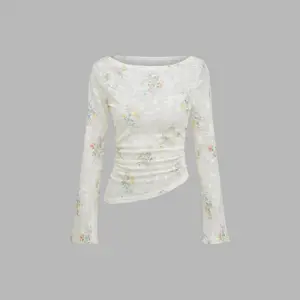Cider Boat Neck Floral Asymmetrical Ruched Long Sleeve Top