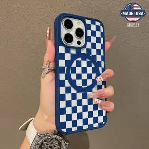 Trendy Blue Checkerboard Pattern Premium Magnetic Phone Cases for iPhone 16 15 14 Pro Max 13 12 11 Plus Smartphone Shockproof Protection Acrylic Cover Cellphone Protective magsafe magnetic case Aesthetic Resistance Casing Protector