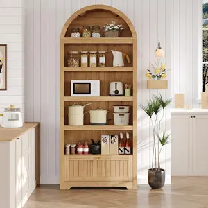 72" Tall Arched Bookshelf, 6-Tier Open Bookcase with Storage Drawer & Metal Handle, Multi-Use Display Cabinet for Living Room Kitchen Home Office