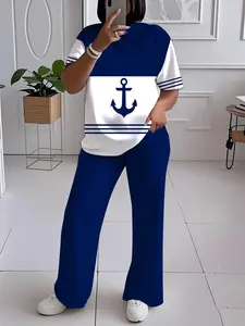 Plus Size Geometric & Anchor Print Digital T-Shirt & Wide-Leg Pant Coord Set – Spring Summer Essential | Machine Washable | Eye-Catching Outfit | Perfect Mother’s Day & Best Juneteenth Gift