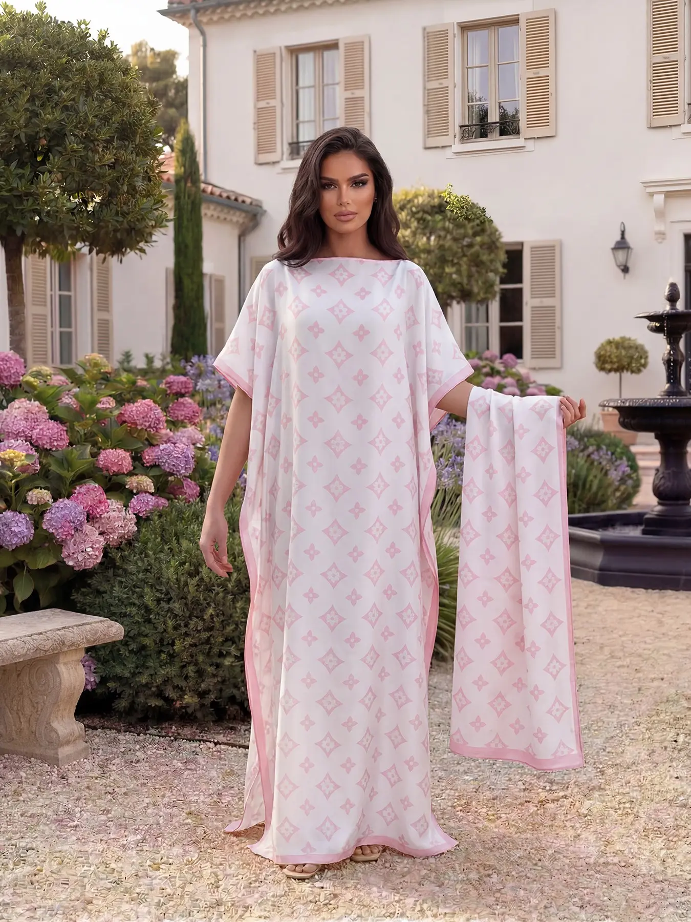 Women's Elegant Striped Robe Set, Full-Print Long Dress with Matching Headscarf, Beach Sun-Protection Satin Silk Shawl