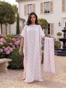 Women's Elegant Striped Fitted Robe Set, Full-Print Long Dress + Headscarf Scarf Hairband, Beach Sun Protection Satin Silk Shawl