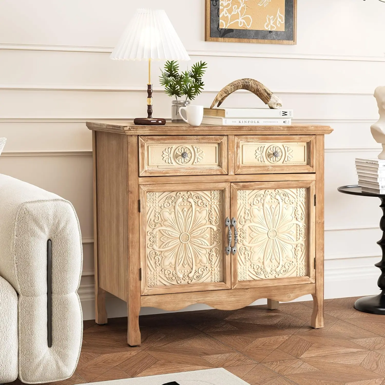 RoyalCraft L French Country Nightstand with 2 Doors & 2 Drawers Vintage Side Table for Bedroom Living Room Natural Solid Wood Storage End Table