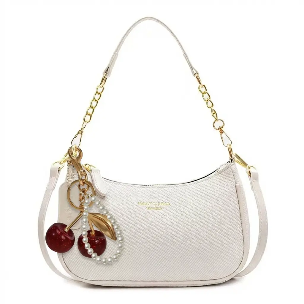 Women’s solid-color single-shoulder bag; fashionable, minimalist, versatile crossbody bag (with adjustable shoulder strap); casual, trendy, high-quality everyday commuter bag; crescent-shaped bag with an elegant cherry pendant; delicate underarm/girls’ ba