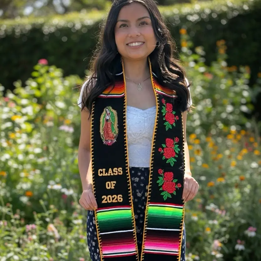Virgen de Guadalupe/Roses Class of 2026 with gold edges Mexican Sarape Graduation Stole mexican stole