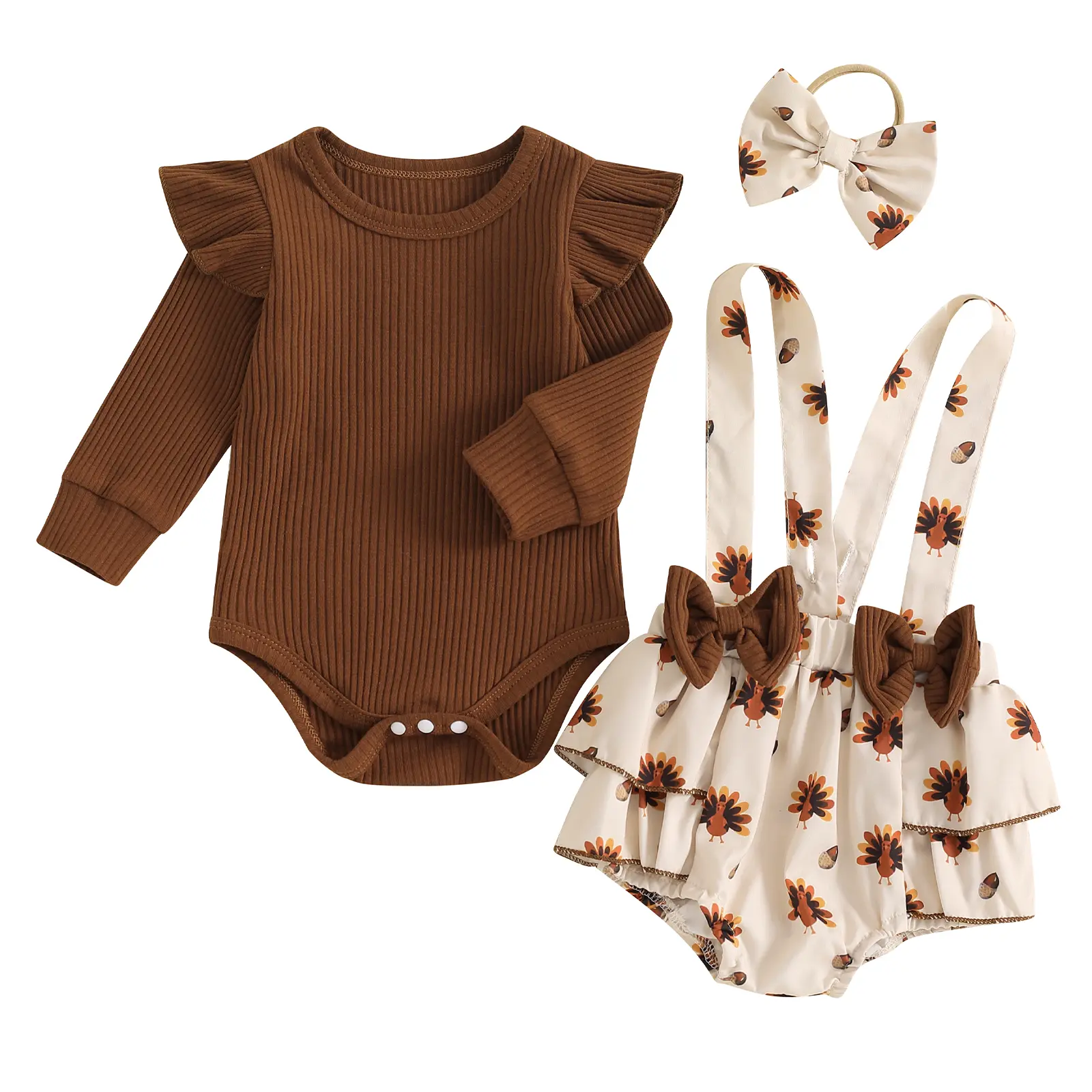 Meihuida Baby Girl Thanksgiving Outfit 3Pcs Newborn Girls Fall Clothing 3 6 12 18 Months Infant Girls Long Sleeve Ribbed Romper + Turkey Overall Pants + Headband Set