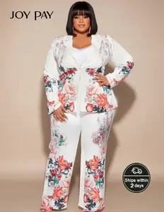 JOYPAY Plus Size Women's Floral Print 2 Piece Suit Long Sleeve Blazer & Wide Leg Pants Set Casual Style