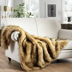Luxury Plush Faux  Throw Blanket, Long Pile Golden Yellow with Black Tipped Blanket, Super Warm, Fuzzy, Elegant, Fluffy Decoration Blanket Scarf for Sofa, Armchair, Couch and Bed, 50''x 60''