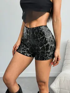 Women's Fashion Leopard Sequin Slim Fit Shorts, Sexy Short Pants for All Seasons, Casual Loose-Fitting Home Wear