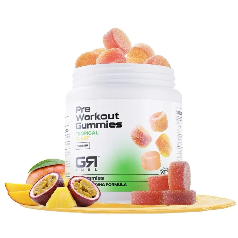 GR Fuel Pre Workout Edible Dietary Supplement Gummies - Tropical Blast, Long-Lasting Vegan Fitness Healthcare Energy & Focus Boost, USA-Made, GMP-Certified with VasoDrive-AP & Vitamin B12, for Men & Women
