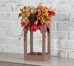 16" Wood Open Concept Lantern with Ribbon Embellishment by Valerie