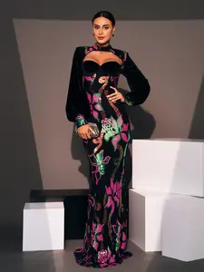 Long Sleeve Elegant Round Neck Sexy Hollow Out Long Sequin Evening Dress Bridesmaid Dress for Women Womenswear Black Floral Crewneck