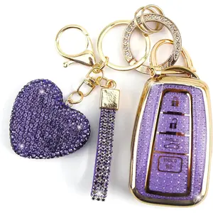 Key Fob Cover with Diamond Keychain Car Key Holder Case Compatible with Toyota 2018-2024 Highlander RAV4 Camry Avalon C-HR Corolla GT86 Smart Key Protector for Women, 4 Buttons (Purple-Heart)