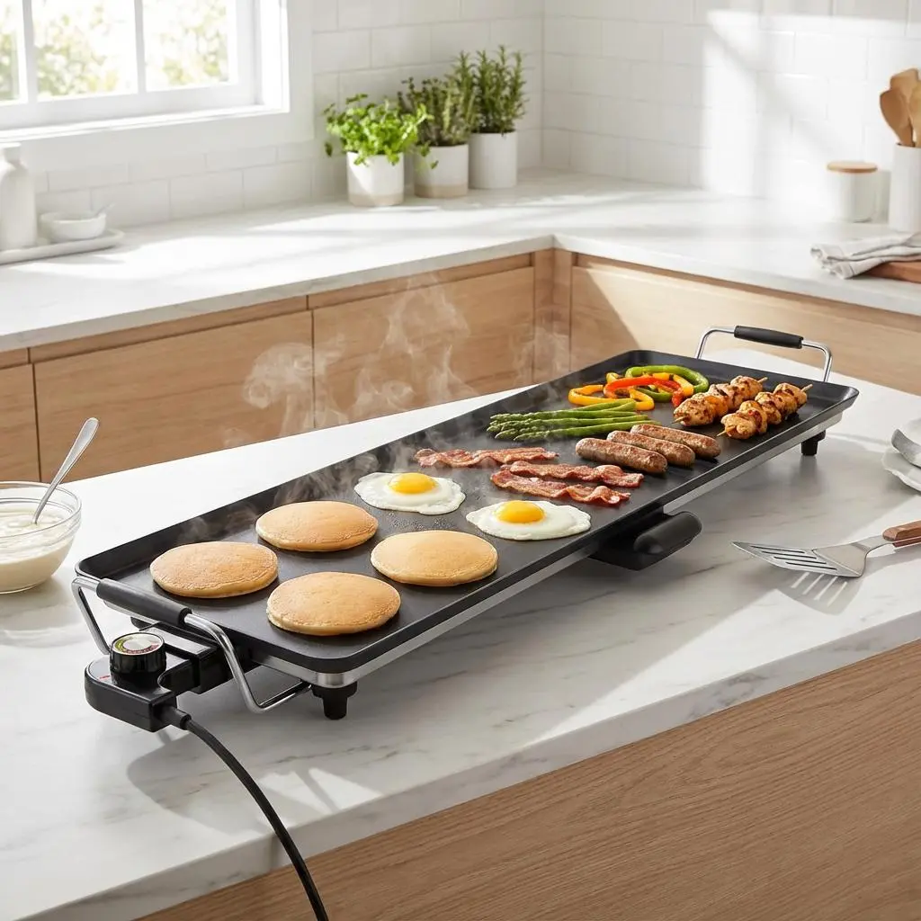 AORAN 36-in Large Size Indoor Smokeless Electric Teppanyaki Grill - Aluminum Adjustable BBQ Grill, Table Top Nonstick Griddle with Adjustable Temperature Setting for Smokeless Cook