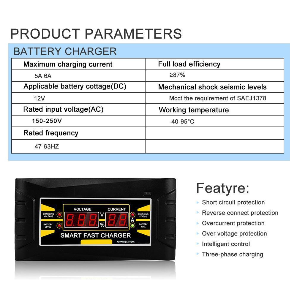 12V 6A Smart Battery Charger | Automatic Fast Trickle Charger for Lead-Acid GEL AGM | LCD Display for Car Motorcycle ATV Lawn Mower Boat