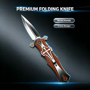 Premium Folding Pocket Knife, Wooden Handle Sharp Blade EDC Tool, Outdoor Camping Hiking Survival Portable Utility Knife for Daily Cutting Work