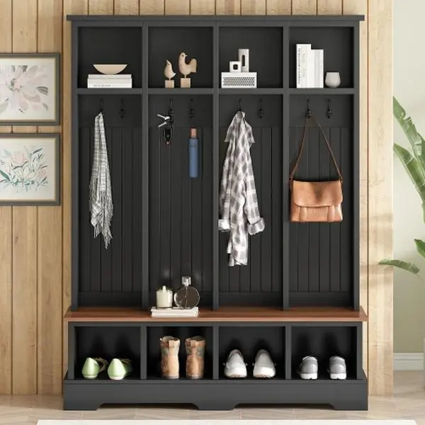 Bellemave 3-in-1 Design Freestanding Rustic Wooden Farmhouse Hall Tree - 59.00 in. L Heavy-Duty Coat & Shoe Rack with 8 Hooks, Entryway Bench, Open Compartments, 76.70 in. H, Black + Particle Board+MDF for Mudroom, Living Room