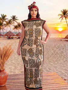 Elegant Leopard Print Robe Set, Multicolor Shawl Dress + Long Headscarf Hairband, Women's Beach Sun Protection Satin Scarf, Beach Cover Ups, Swimsuit Cover Ups