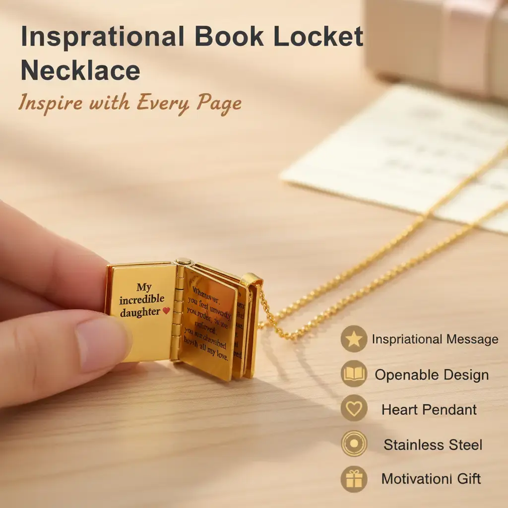 Heart Locket Necklace in Stainless Steel, Openable Book Pendant with Engraved Inspirational Flip Pages, Motivational Gift for Daughter or Son, Heart Shaped Pendant, Book Motif Necklaces, Unisex Names, Accessory Necklace, Alloy Metal