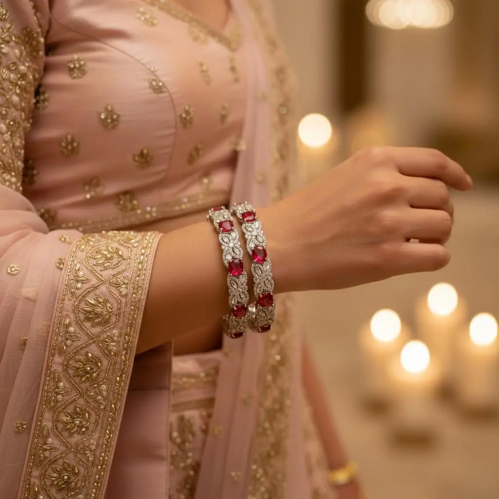 Red Floral AD Bangle Set, Ruby Stone Wedding Bangles, Elegant Indian Bracelet for Bridal & Bridesmaid Wear