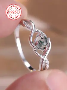 S925 Sterling Silver Natural Seagrass Agate Ring, Elegant Women's Ring, Daily Dating Wear Jewellery, Birthday Anniversary Gift with Gift Box