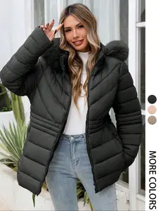 Women's Plus Size Winter Comfortable Cotton Jacket, Commuter Simple Fall & Winter Mid-Length Hooded Warm Coat, Long Sleeve Fitted Style