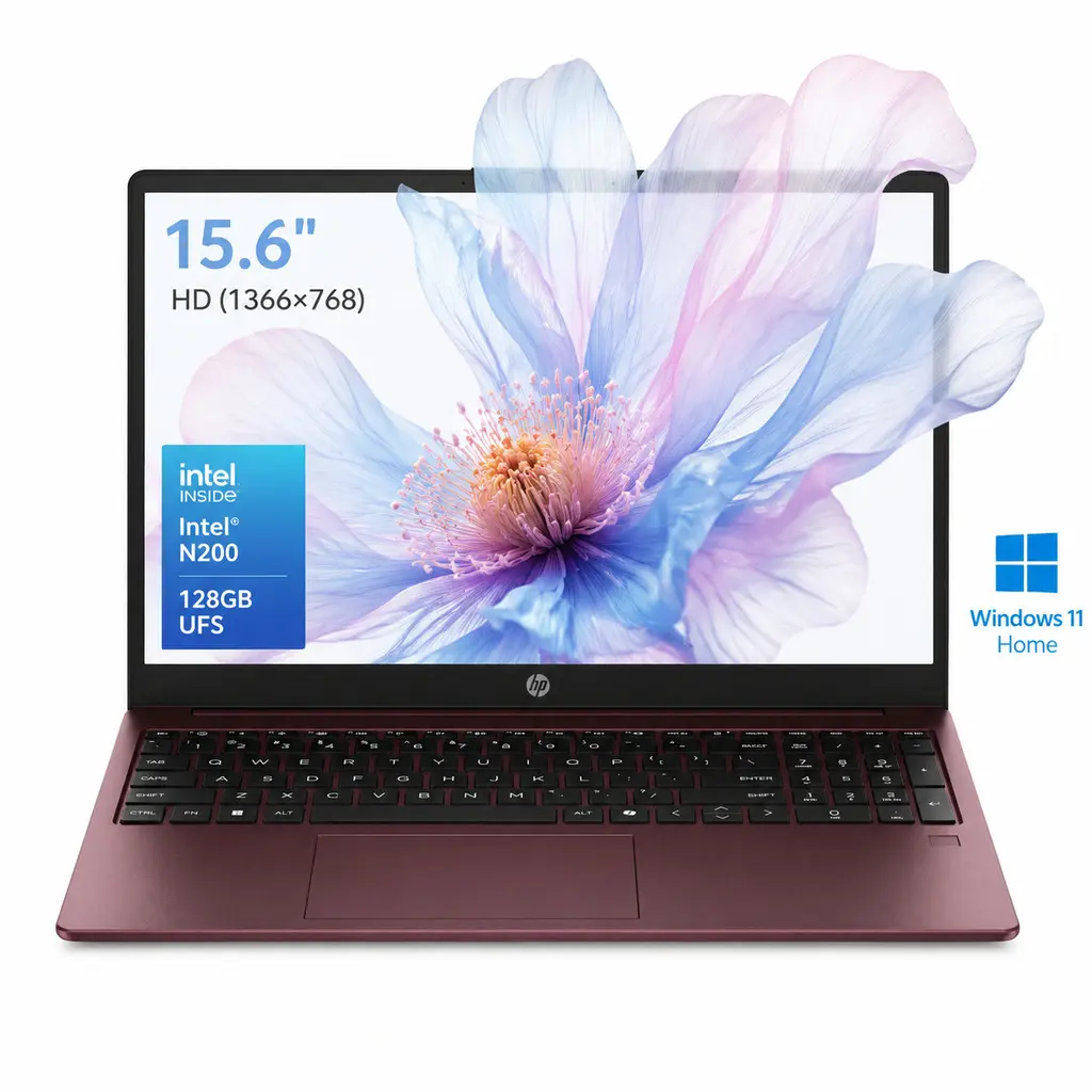 HP 15.6in HD Laptop Notebook - Intel Processor N200, 4/8/16GB RAM, 128GB UFS, Windows 11 Home, Wi-Fi 6, Built-in Li-ion Battery, Multi-Port (Webcam, HDMI), Numeric Keypad, Glimmer Garnet, Student Computer, Work Laptop