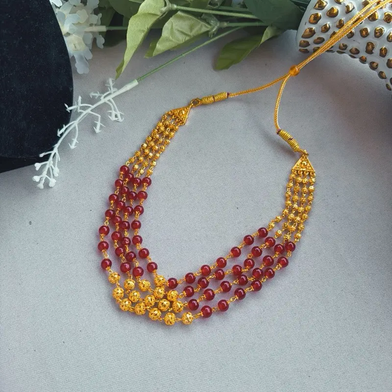 Ethnic Layered Choker Necklace for Women, Gold-Tone with Auspicious Ruby Design and Beading, Metal Coating, Short, Auspicious Event, Short Length