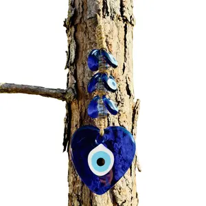 Wall Hanging Macrame Evil Eye Nazar Boncuk Mal De Ojo, Modern Boho Style Home Decor - Heart Shape Amulet with 6 Evil Eyes, Housewarming Gift