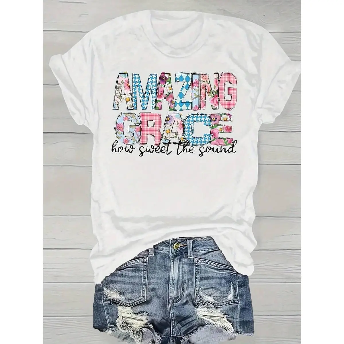 Christian Women's T-Shirt Local 1 Piece Women's Casual Amazing Grace Floral Patchwork Design Printed T-Shirt, 100% Cotton Short Sleeve Round Neck, Regular Plus Size Four Seasons T-Shirt