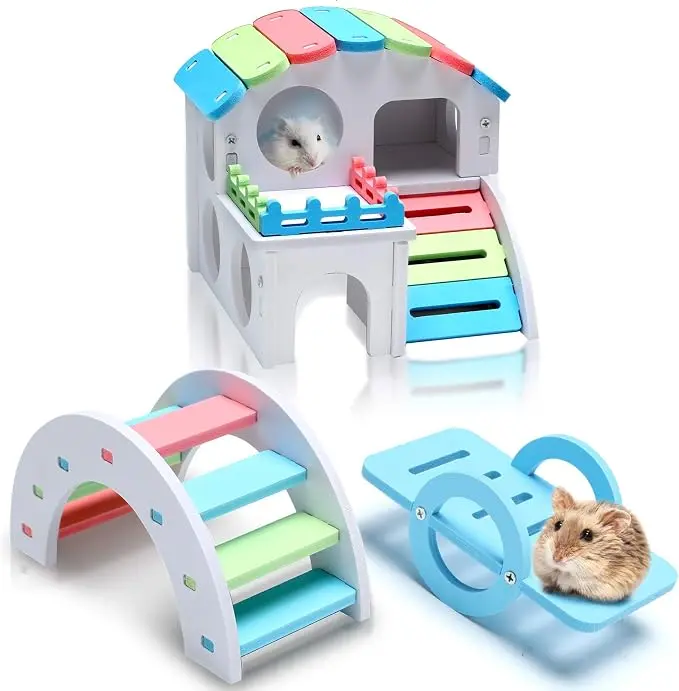 Small Pet 3-Piece Hideout Tool Kit - PVC Hideout House, Rainbow Bridge, Seesaw - DIY Interactive Enrichment Exercise Accessory for Hamsters, Guinea Pigs