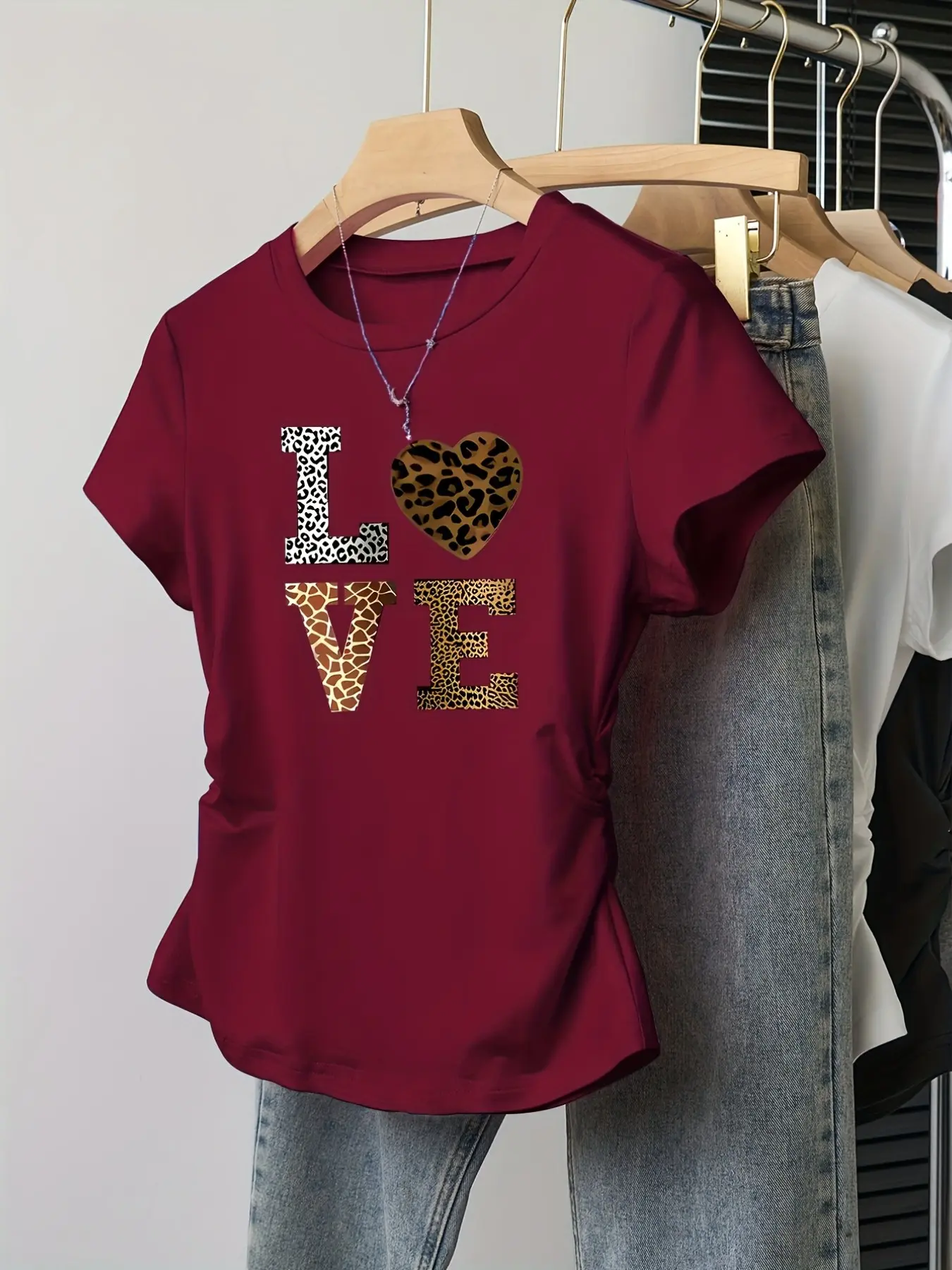 Women's Casual Letter Pattern Love Print Casual Fit Ruched Short Sleeve T-Shirt, Round Neck Summer Top, Elastic Waist, Office & Daily Wear Burgundy