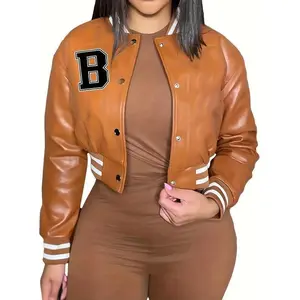 [Durable Build] Women's Plus Size Synthetic Leather Varsity Jacket - Letter B Print, Button-Up, Long Sleeve, Fall/Winter, Brown with White Stripes, Casual Outerwear| Letter Print Jacket| Synthetic Leather Jacket Tops Womenswear Coats Comfort