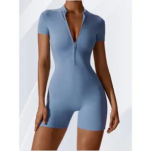 Solid Color Zipper Short Sleeves Unitard, Fitness Bodycon Sports Slim Fit Romper, Women's Activewear
