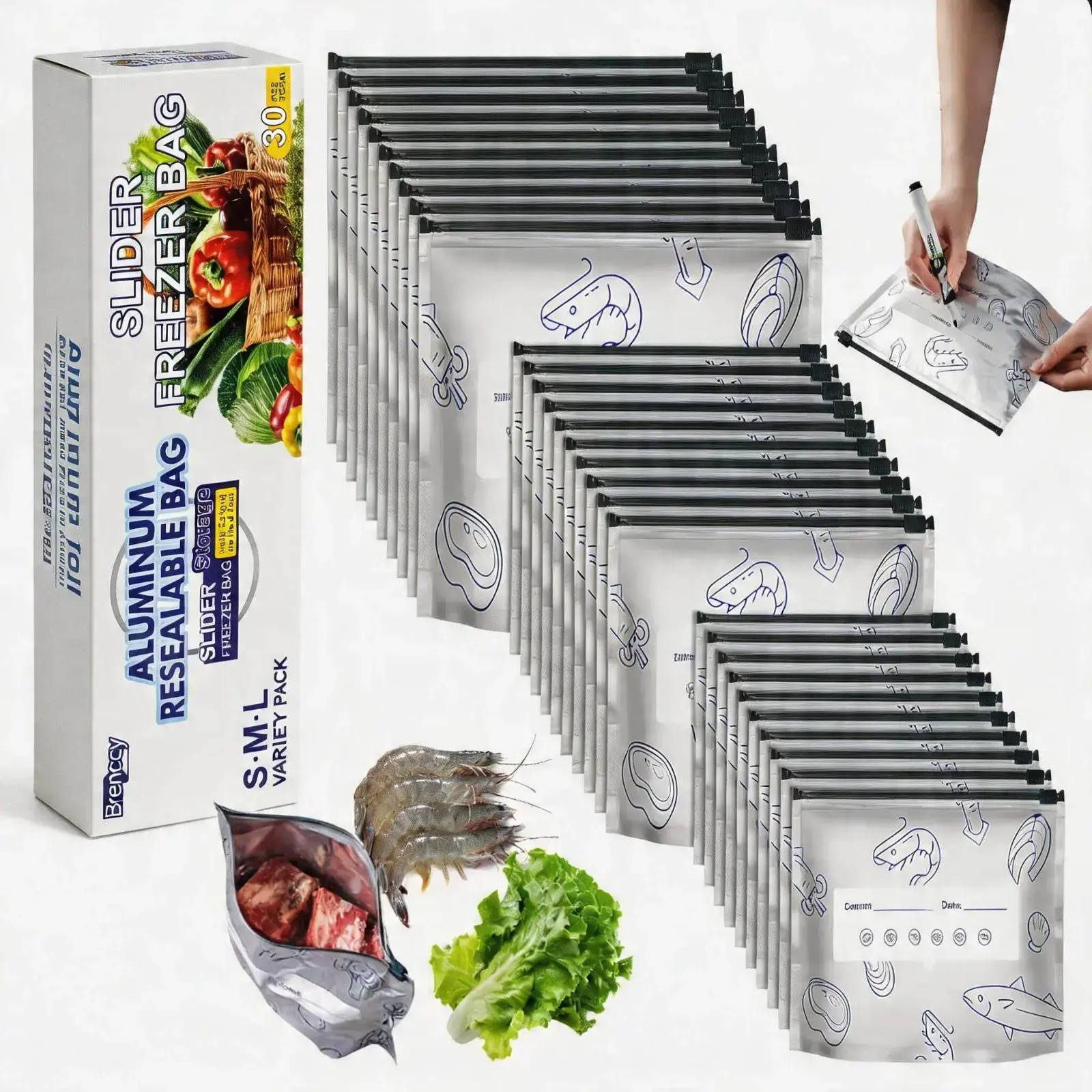Food Storage Bags, 30-Pack Reusable Heavy-Duty Stand-Up Aluminum Foil Pouches with Zipper, Airtight & Leak-proof Seal, 3 Assorted Sizes, Containers, Kitchen