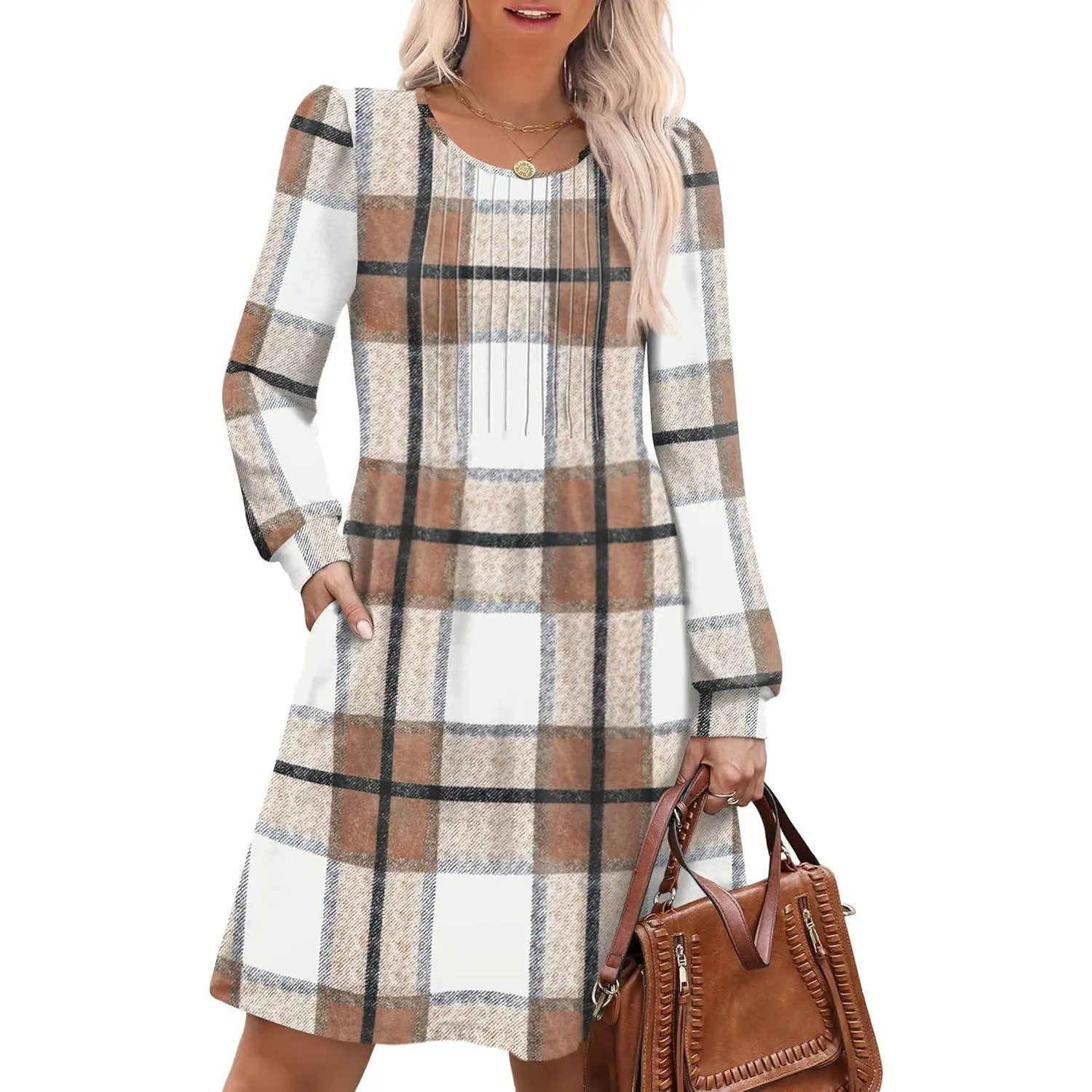Long Sleeve Dress for Women Pleated Crew Neck Casual Babydoll Sweater Dress  with Pockets Fall Outfits Fashion Womenswear Beige Plaid Crewneck Elegant  Chic Day Everyday Style Summer - TikTok Shop