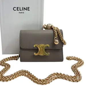 Pre-owned Celine Leather Crossbody Bags Taupe Compact Trifold Wallet/Card Holder with Adjustable Chain