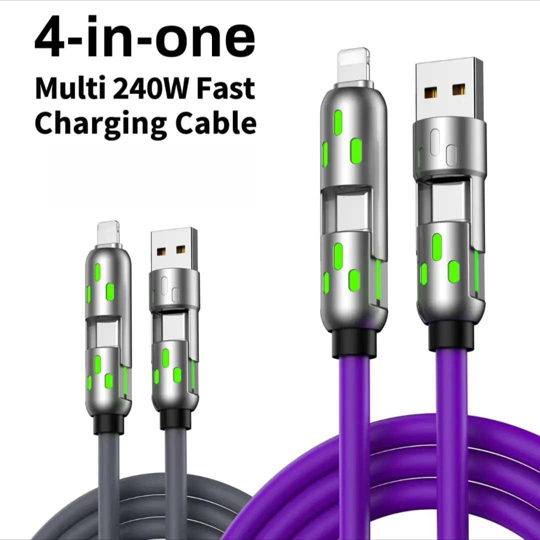 4-in-1 Multi USB Charging Cable with USB A,Type C, Lightning -MAX 240W Fast Charging & Data Sync for iPhone 16/15, iPad Pro, Smartphone Laptops fast charge usb cable 4-in-1 fast Breathing Light cable -max Charger Electronic