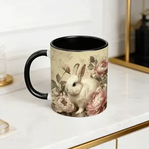 11oz French Vintage Rabbit Floral Mug, Elegant Oil Painting Texture, Rabbit and Peony Design, Comfortable Grip, Coffee Milk Cup