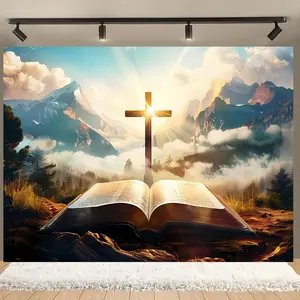 1pc 2D Flat Jesus Christ Cross Mountain Sunset Polyester Backdrop Religious Theme Banner for Photography Wall Decor Shower Photo Booth Home & Event Decoration Multipurpose No Electricity Needed Perfect Gift for Religio Ornaments