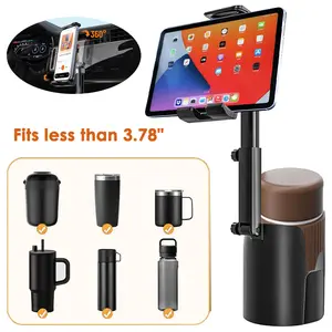 2 in 1 Car Cup Phone Tablet Holder Mount, 360° Rotation Car Cellphone Stand with Cup Drink Bottle Holder Expandable Base, Universal Fits for iPhone 16 15 14 Pro Max Plus, for iPad Pro 11/ 10.5/ 9.7 iPad Mini 4/3/2/1, for Samsung Galaxy