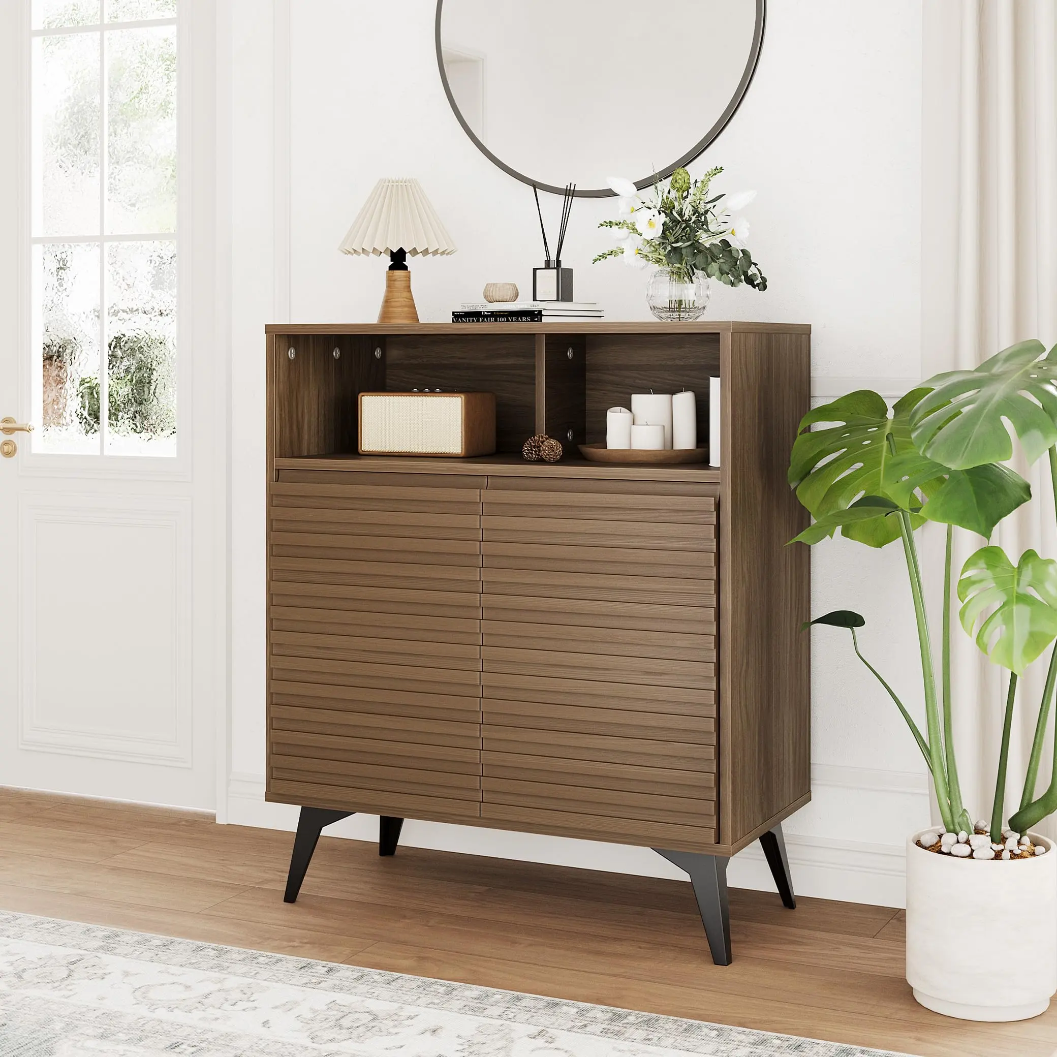 Garvee Modern Walnut Fluted Sideboard Buffet Cabinet with 2 Doors and Adjustable Shelves, Freestanding Storage Ideal for Kitchen, Dining Room, Entryway, Coffee Bar, or Credenza in Natural Wood Finish